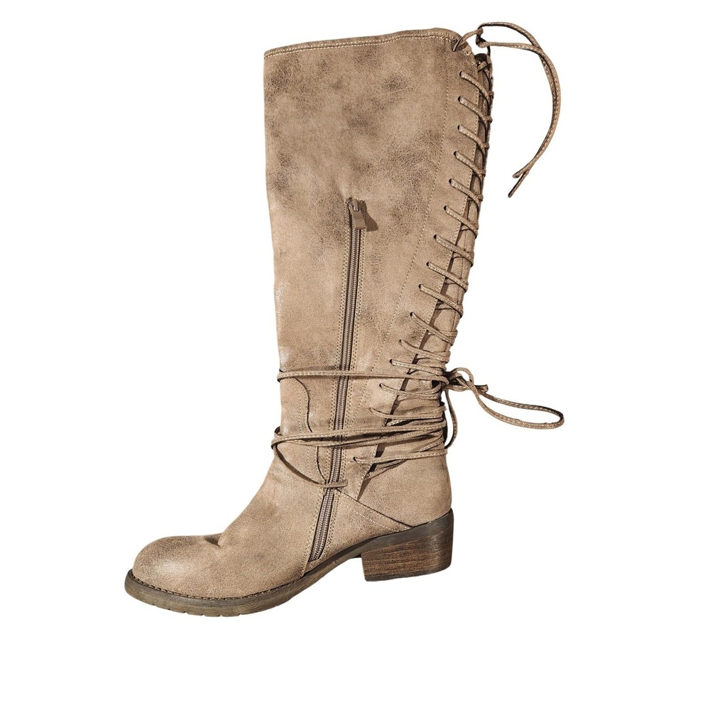 Very Volatile Boots Womens Size 8 Beige Faux Suede Knee High Lace Zip Riding